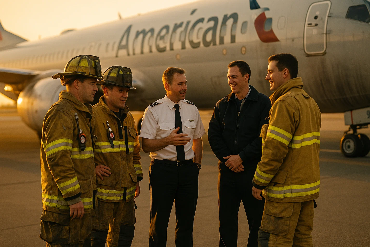 a photorealistic, uplifting shot of firefighters and flight crew debriefing beside an engine with residual soot; golden‑hour warmth; 85mm, f/2, ISO 200, 1/1000s; high dynamic range; respectful, documentary tone