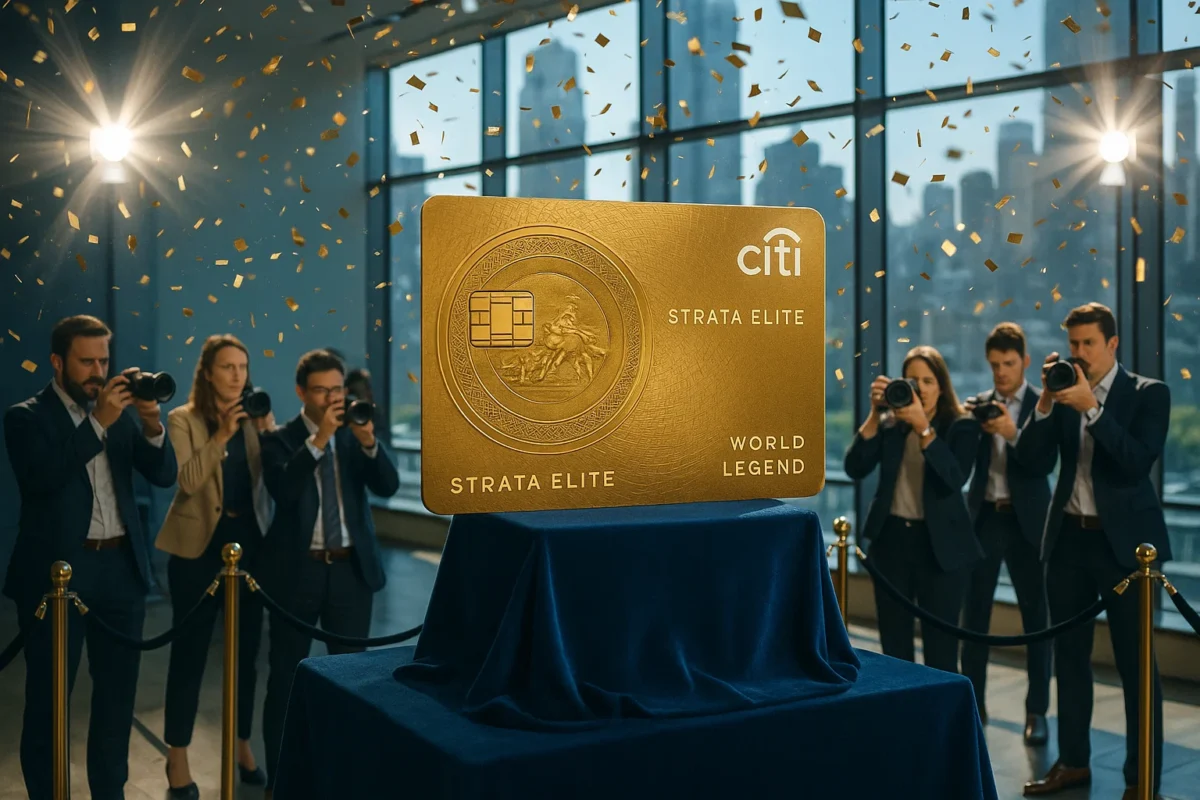 a photorealistic, brightly lit press‑conference scene: oversized gold‑plated Citi Strata Elite “World Legend” credit card on a velvet pedestal, floodlights glinting off its mythic embossing; eager travel bloggers snapping photos, confetti cannons mid‑blast; 50 mm prime lens, f/2.8, ISO 200, 1/1000 s, sharp midday New York light, high dynamic range