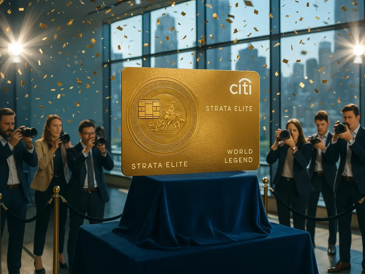 a photorealistic, brightly lit press‑conference scene: oversized gold‑plated Citi Strata Elite “World Legend” credit card on a velvet pedestal, floodlights glinting off its mythic embossing; eager travel bloggers snapping photos, confetti cannons mid‑blast; 50 mm prime lens, f/2.8, ISO 200, 1/1000 s, sharp midday New York light, high dynamic range