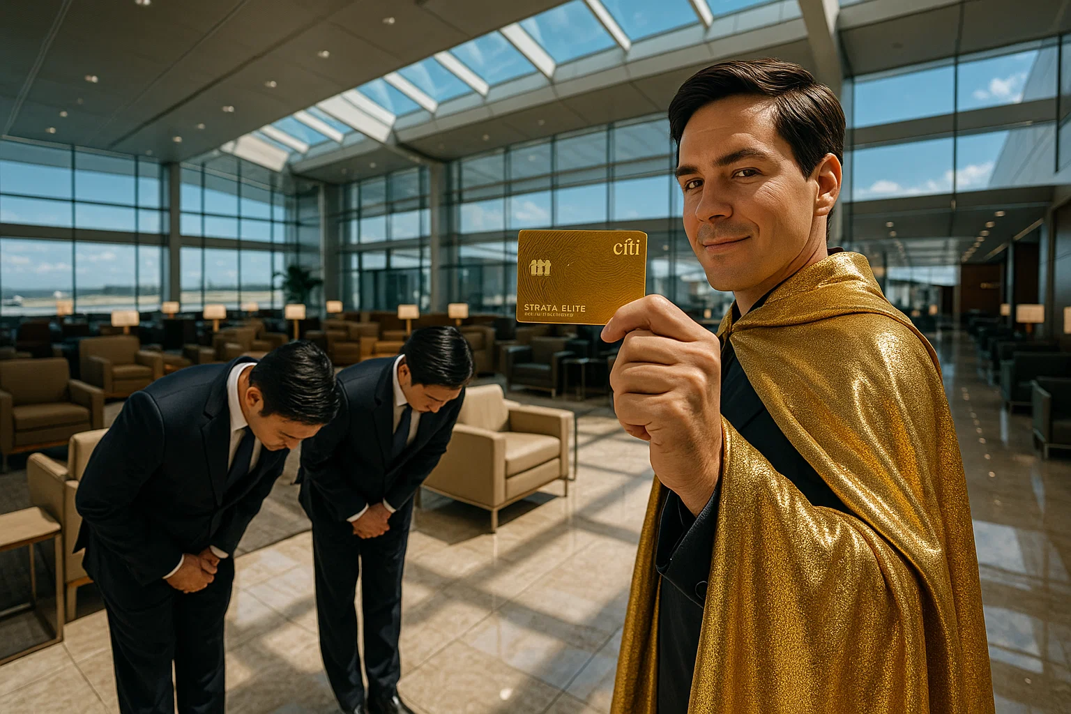 brightly lit airport lounge: passenger in gold cape flashes card, uniformed staff bow theatrically; 24 mm lens, f/3.5, ISO 250, midday skylight reflections, crisp details