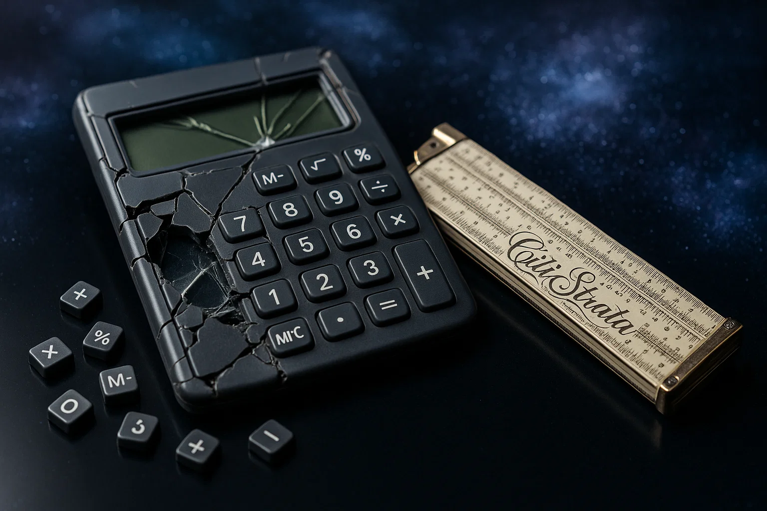 close‑up of shattered pocket calculator beside ornate slide‑rule branded ‘Citi Strata,’ shimmering cosmic background; 85 mm macro, f/5.6, ISO 100, studio lighting