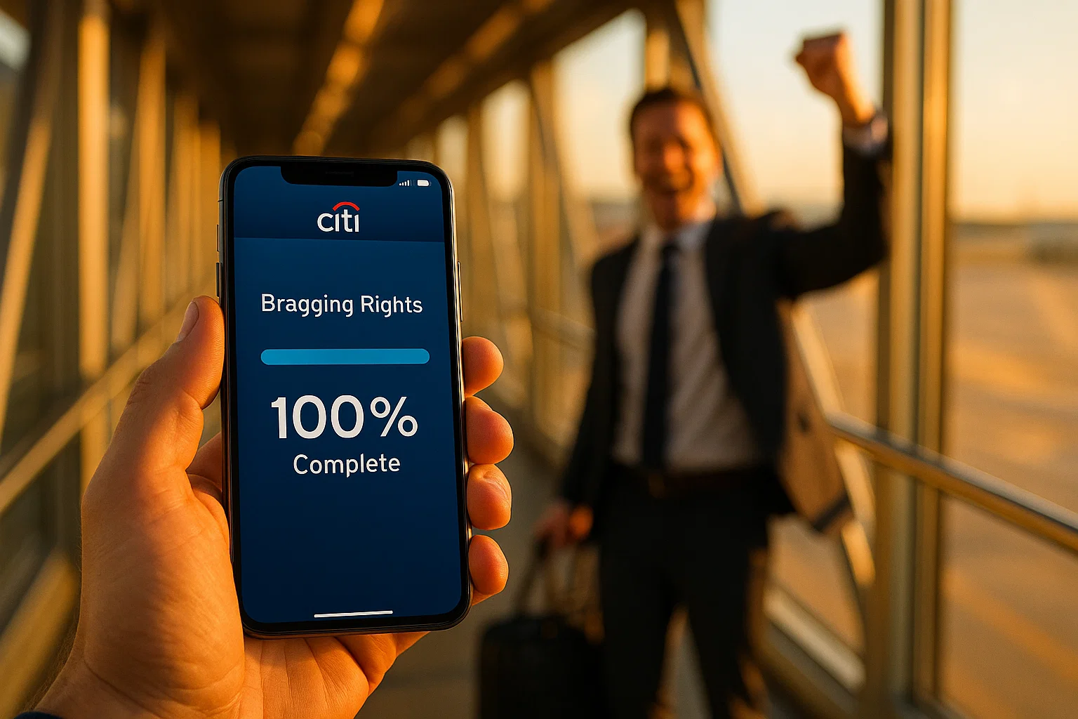 photorealistic smartphone screen showing Citi app progress bar labeled ‘Bragging Rights: 100% Complete,’ user fist‑pumping on an airport jet bridge; 50 mm lens, f/2, ISO 160, golden hour glow