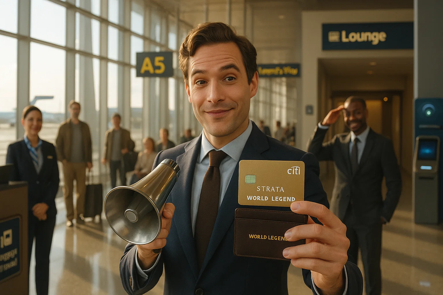 a man holding a megaphone and a credit card