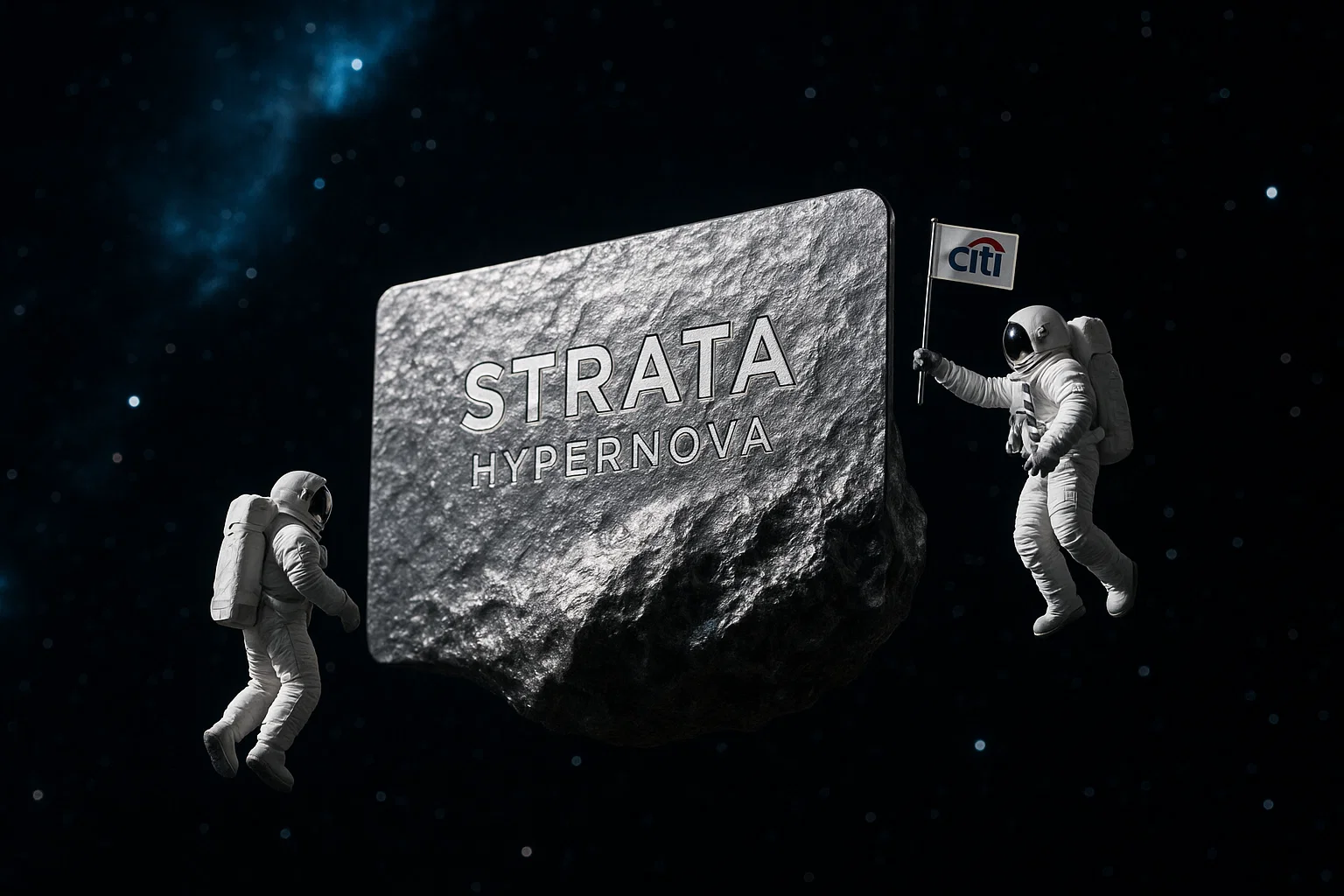 photorealistic cosmic backdrop: floating platinum‑meteorite credit card titled ‘Strata Hypernova,’ tiny astronauts planting Citi flag; 35 mm lens, f/4, ISO 100, deep‑space HDR contrast