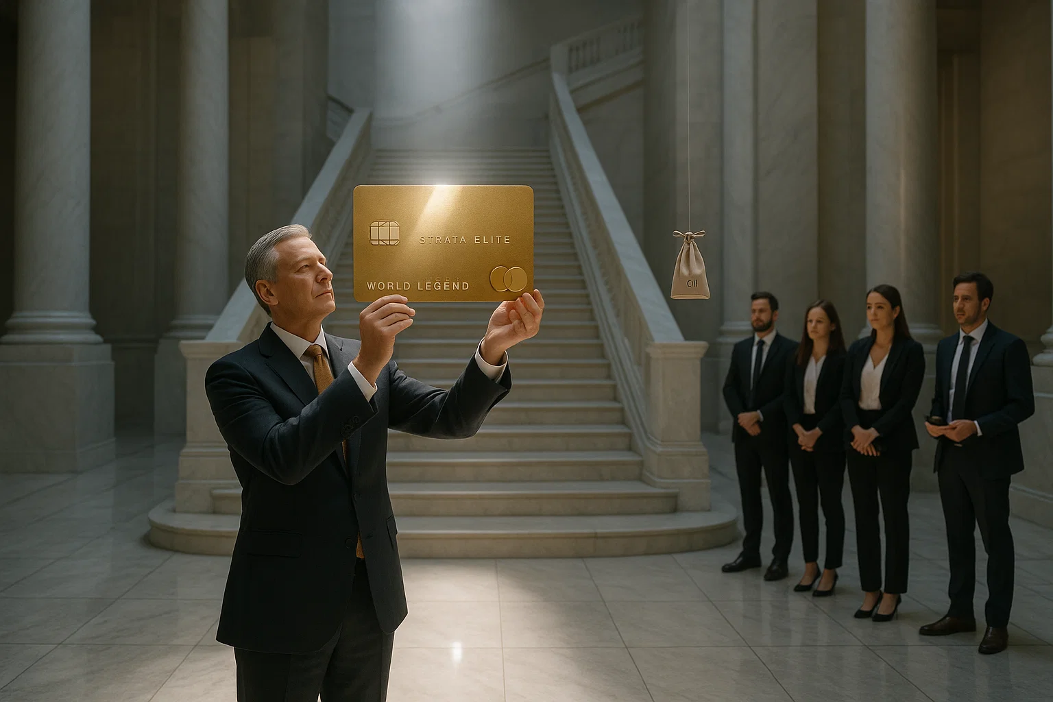 a man holding a gold card in front of people in a hallway