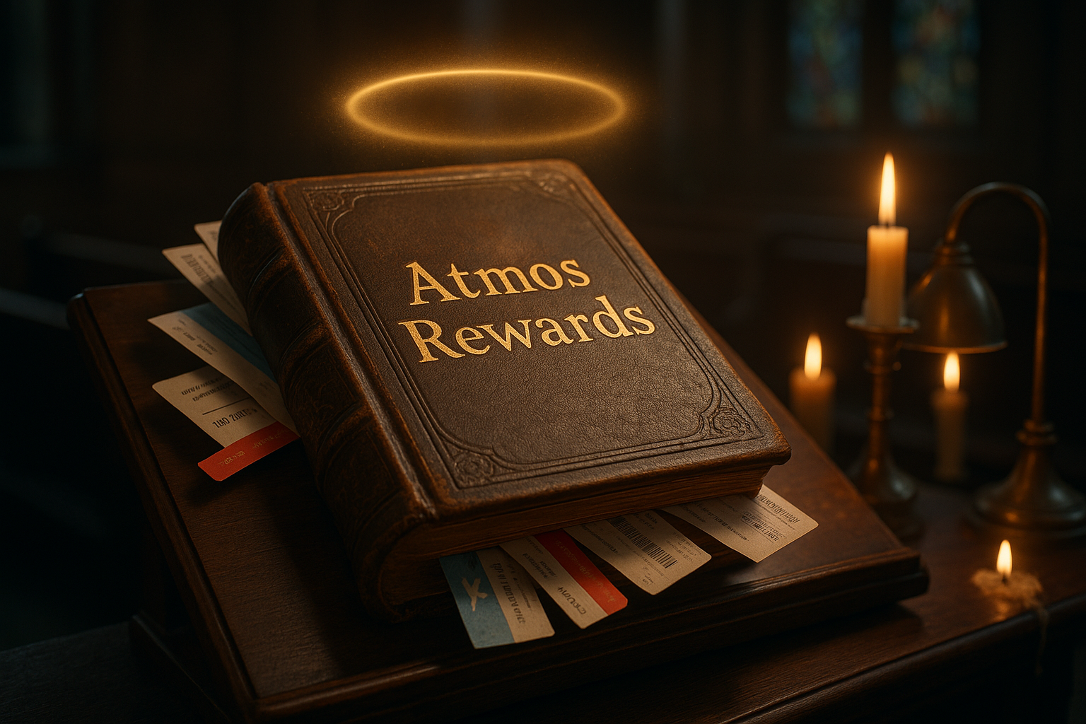Ancient leather-bound holy book embossed with “Atmos Rewards” in gold, a halo over it, surrounded by airline boarding passes used as bookmarks.