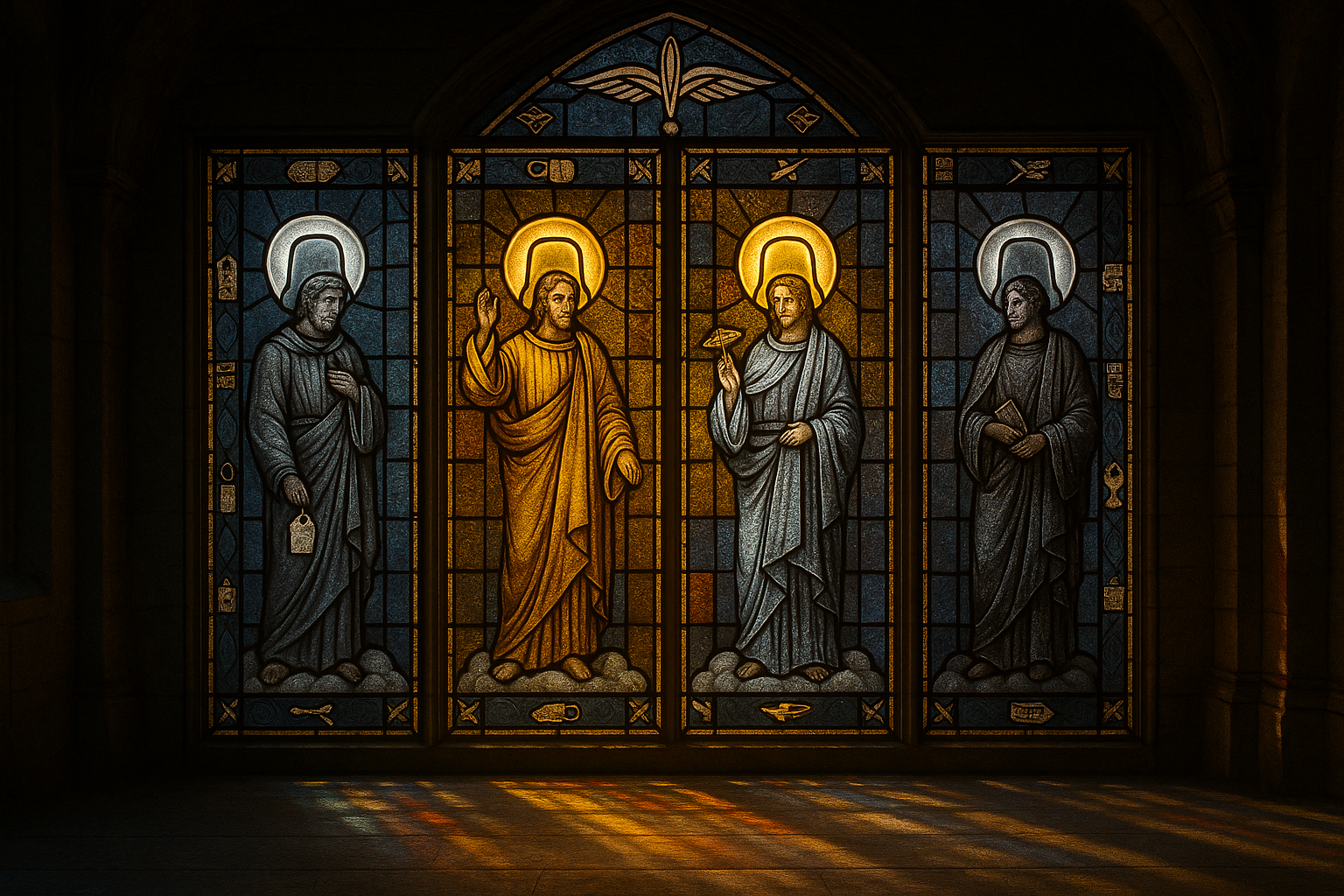 Stained-glass window depicting Silver, Gold, Platinum, and Titanium tiers as ascending saints with halos shaped like airline seatbacks.