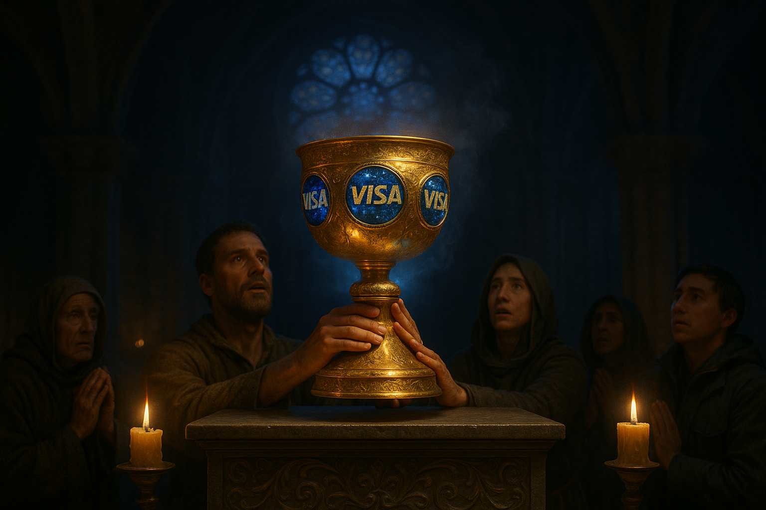 Gilded medieval chalice encrusted with Visa logos, glowing with ethereal light, worshippers holding it aloft like the Holy Grail.