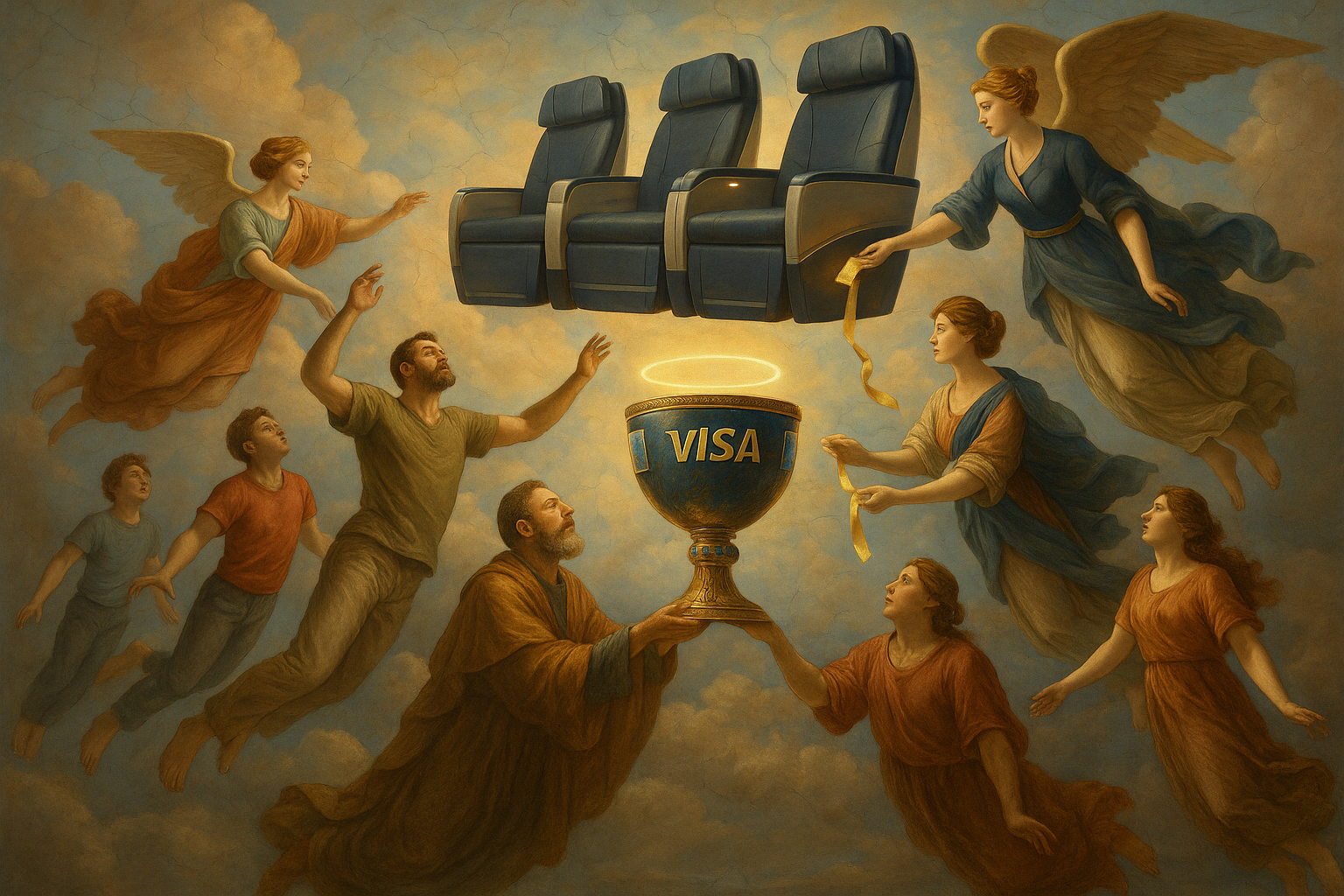 Michelangelo-style painting of passengers levitating into lie-flat business class seats, stewardesses with angel wings bestowing upgrades.