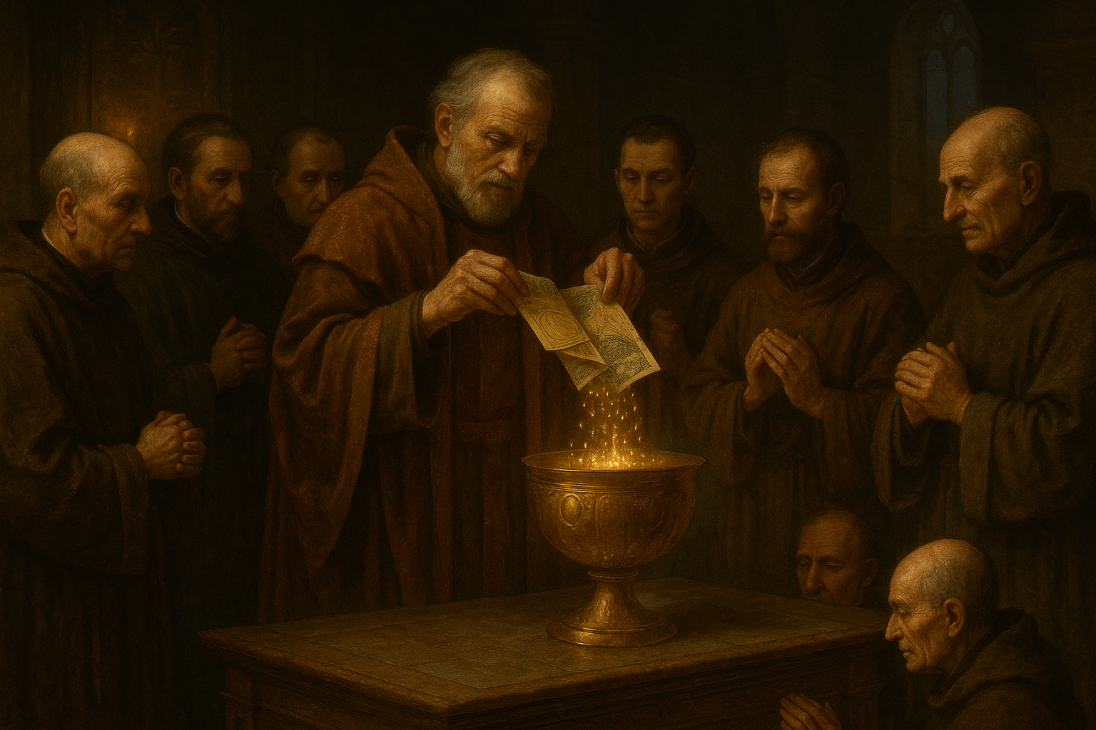 Renaissance painting of priests performing a ritual where HawaiianMiles are poured into a golden chalice and transformed into glowing Atmos Points.