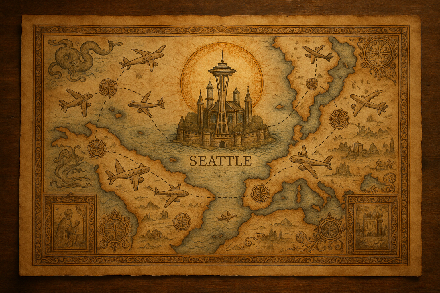 Medieval map showing Seattle as the Holy City, with dotted pilgrimage routes to Rome, London, and Reykjavik, airplanes replacing caravans.