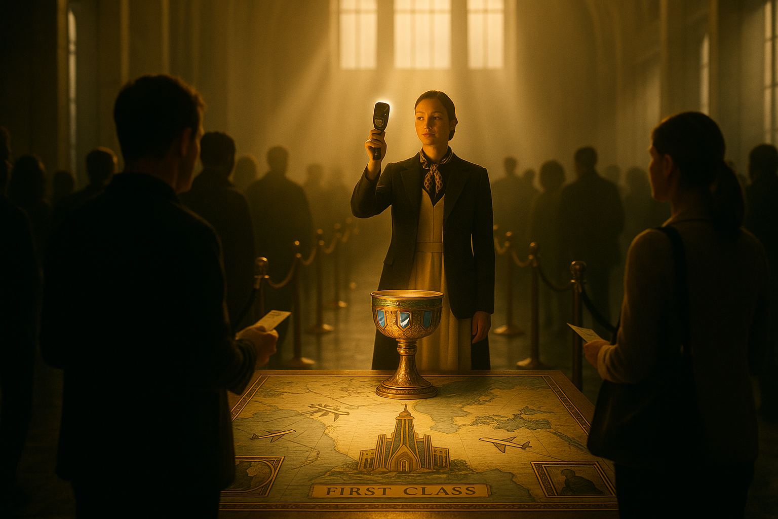 A roped-off first-class lane bathed in cathedral light, a gate agent in vestments raising a barcode scanner like a thurible.