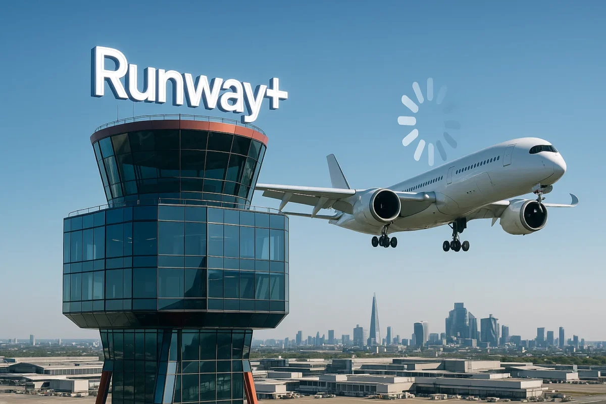A photorealistic wide-angle shot of Heathrow’s control tower rebranded as a glossy streaming-service HQ, giant ‘Runway+’ neon logo glowing atop; an Airbus A350 is ‘buffering’ on final approach with a spinning loading icon on its fuselage; bright midday light, 35 mm lens, f/5.6, ISO 200, crisp London skyline in background.