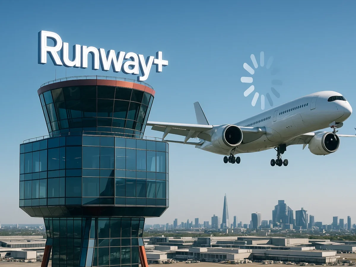 A photorealistic wide-angle shot of Heathrow’s control tower rebranded as a glossy streaming-service HQ, giant ‘Runway+’ neon logo glowing atop; an Airbus A350 is ‘buffering’ on final approach with a spinning loading icon on its fuselage; bright midday light, 35 mm lens, f/5.6, ISO 200, crisp London skyline in background.