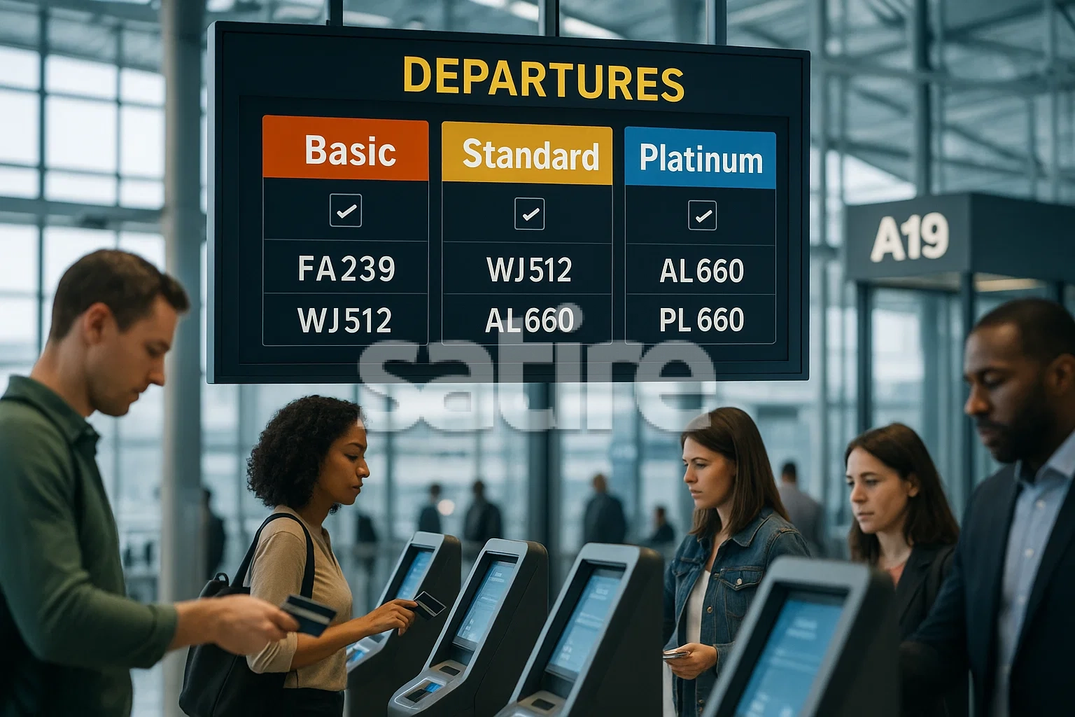 Inside a bustling modern airport terminal, a photorealistic scene centers on a large digital departure-board screen above a busy boarding gate. The screen resembles a sleek comparison chart, displaying three glossy columns labeled “Basic,” “Standard,” and “Platinum” runway tiers beside corresponding flight numbers, each tier highlighted with distinct, bold colors. In the softly blurred foreground, a diverse group of passengers stands at high-tech boarding-gate kiosks, swiping credit cards and interacting with sleek touchscreens. Shot with a 50 mm prime lens at a wide aperture, the shallow depth of field keeps the departure-board chart crisp and vivid while softly blurring the kiosks, credit card gestures, and anxious faces of travelers below. The lighting is cool and even, evoking the efficient pace of premium air travel.