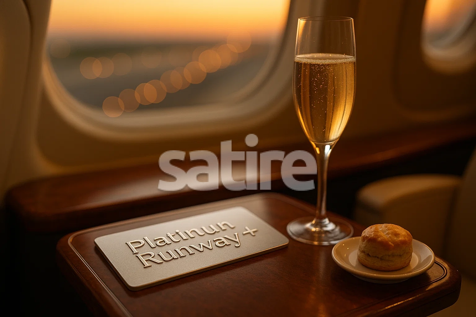 A photorealistic close-up captures a luxurious inflight scene at golden dusk. Resting atop a rich mahogany tray table is a sleek silver boarding pass, embossed with the words “Platinum Runway+” in elegant, raised lettering that catches the ambient glow. Beside it, a tall champagne flute glistens with delicate bubbles, and a miniature scone sits on a fine china dish, hinting at exclusive indulgence. Through the softly blurred window, the runway below shimmers with glowing taxiway lights against the deepening blue and orange sky. Shot with an 85 mm portrait lens at f/1.8, the sharp focus is on the embossed boarding pass and sparkling glass, while the background and runway lights dissolve into luxurious bokeh. The mood is refined and aspirational, evoking premium air travel at its most exclusive.