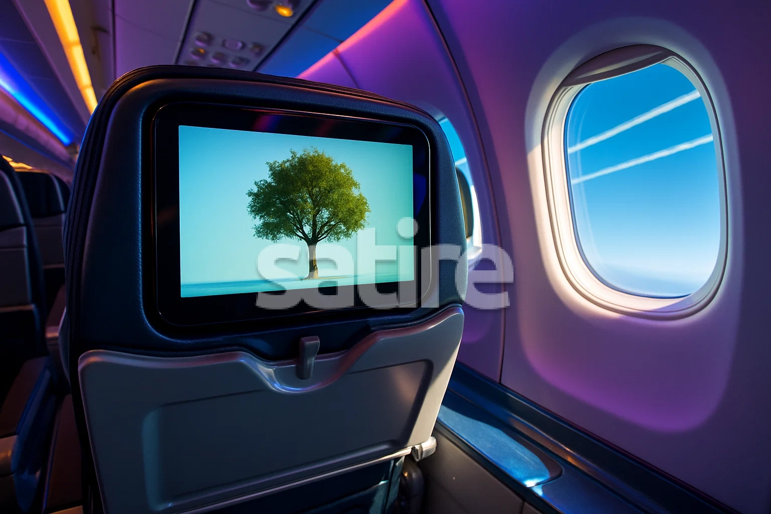 Inside a modern airliner cabin, a photorealistic scene is shot with a 24 mm lens, capturing the vibrant atmosphere and bustling geometry of seats and windows. In sharp focus, a sleek seat-back screen displays a looping GIF, an elegantly animated single tree gently swaying in an unseen breeze, rendered in smooth digital detail. The surrounding seat and tray table are subtly illuminated by vibrant, contemporary cabin lighting, casting dynamic reflections on polished surfaces and creating a lively, high-tech ambiance. Just outside the window, crisp white contrails cut across the clear blue sky, their straight lines contrasting with the organic motion of the tree on screen. The wide lens provides a sense of intimacy while including environmental context, blending the comforts of modern flight with a calm, animated touch.