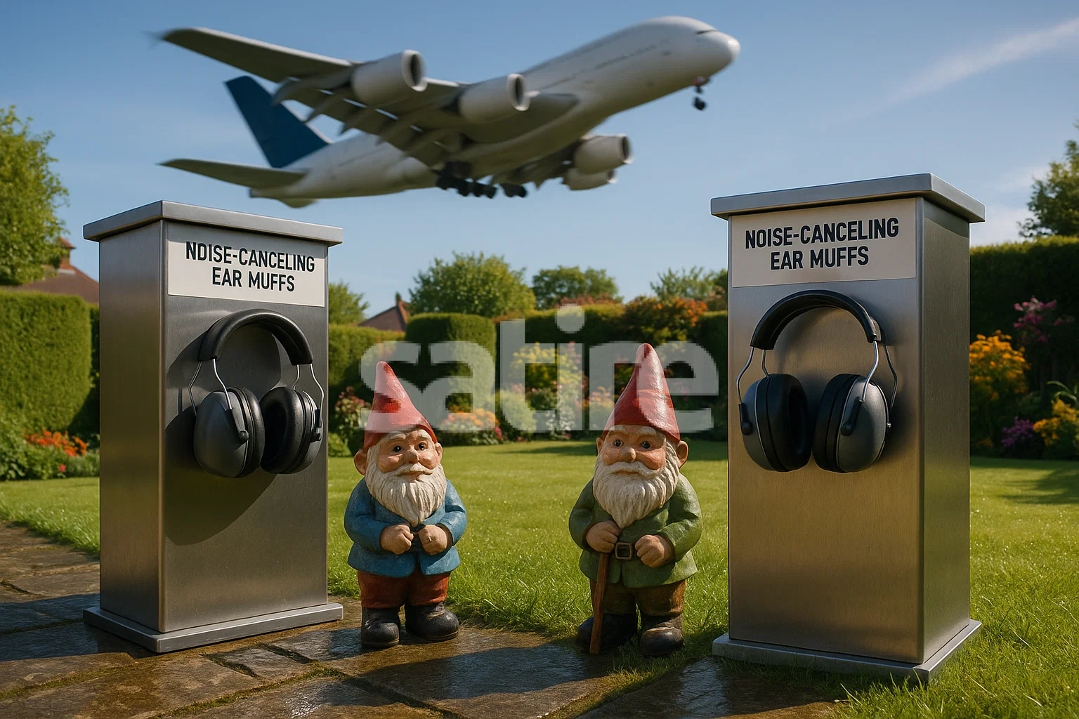 In a photorealistic suburban London garden on a bright morning, dewy grass glistens under vivid sunlight. Among neatly trimmed hedges and colorful flowerbeds, whimsical garden gnomes in classic red hats stand near modern kiosks designed for dispensing noise-canceling ear muffs. The kiosks’ sleek, metallic surfaces contrast playfully with the charming, weathered gnomes. Overhead, an Airbus A380 thunders across the blue sky, its massive silhouette motion-blurred for dramatic effect and casting a fleeting shadow across the garden. Shot on a 35 mm lens, the scene balances sharp details in the foreground, like textured stone pathways and chrome earpiece slots, with the dynamic energy of the airborne jet. The atmosphere is lively and slightly surreal, blending everyday tranquility with imaginative modern convenience.