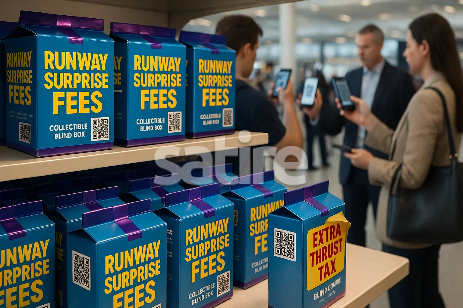 A photorealistic airport duty-free shop shelf is meticulously arranged with rows of glossy blind-box packages labeled “Runway Surprise Fees.” Each box is brightly colored with sleek, minimalist branding, echoing collectible toy packaging. Under crisp, studio-style lighting, every box surface gleams, casting soft shadows on the polished shelf and highlighting the tactile sealing tapes and metallic foil accents. In the midground, travelers, dressed in casual and business attire, stand in small groups, holding their phones up to scan prominent QR codes printed on the blind boxes. As the codes are scanned, some travelers peel back stickers revealing playful baggage-hold surcharges such as “Extra Thrust Tax.” Captured with a 70 mm lens, the focus is sharp on the rich textures of packaging and the travelers’ interactions, while the background softly falls off, mimicking an upscale retail display. The mood is modern and slightly whimsical, blending the allure of surprise products with the realities of air travel.