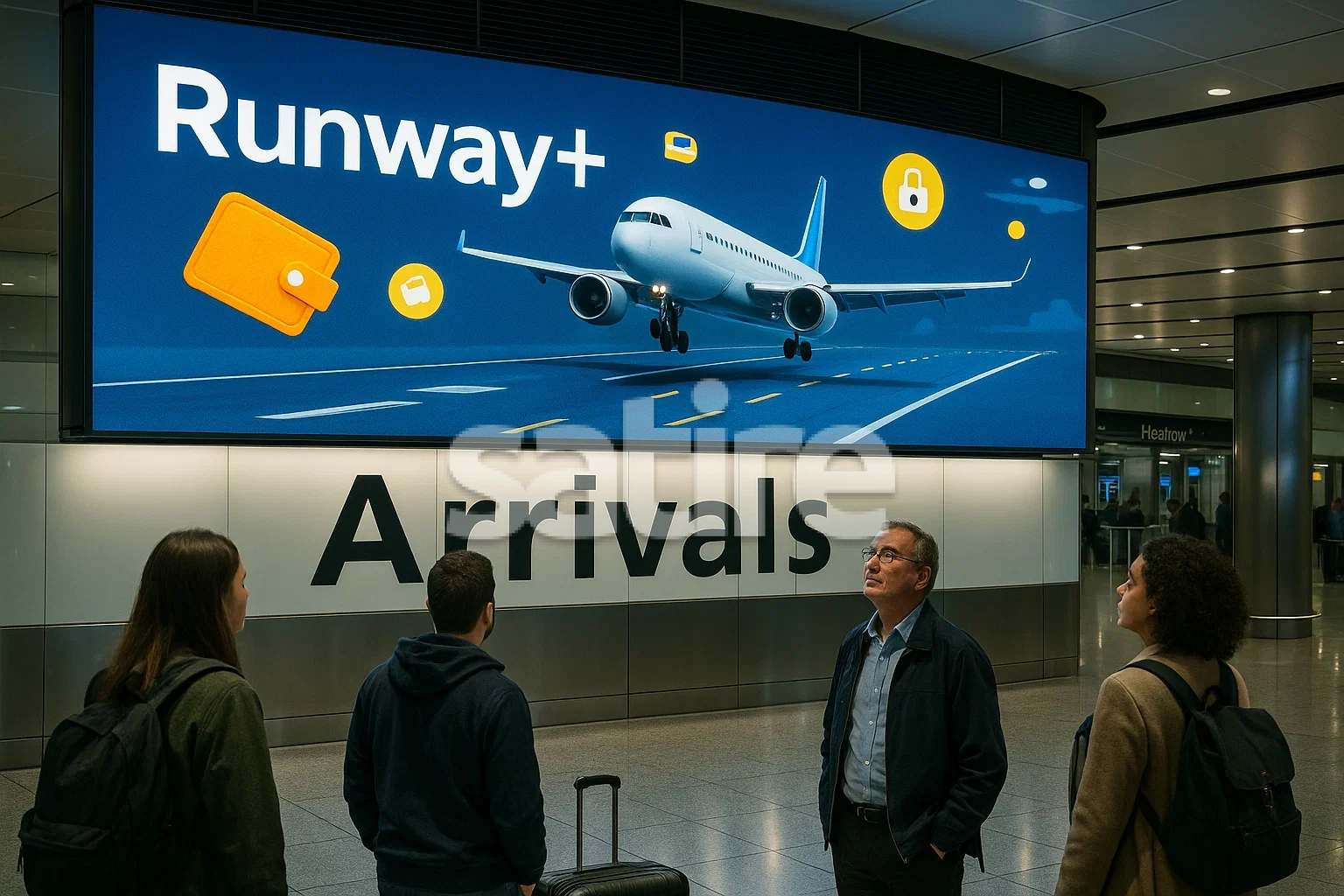 A photorealistic editorial scene inside a futuristic Heathrow arrivals terminal, gleaming under bright, even overhead lights. The focus is on a massive digital billboard dominating the space, playing a seamless looping animation for “Runway+”—jets landing smoothly on virtual runways, punctuated by playful graphics of digital wallets and paywall icons drifting around the planes. Below the screen, a small group of passengers glances upward, their faces softly illuminated by the billboard’s blue and gold glow. The terminal’s architecture is sleek and modern, with polished floors reflecting the digital spectacle above. Deep focus keeps the billboard and watching travelers sharp, while the rest of the terminal gently fades into the background, emphasizing a modern, satirical atmosphere.