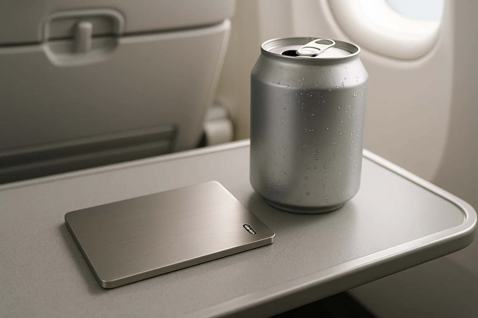 a realistic close-up of a metal co-brand card with a small toilet glyph on an aircraft tray table next to a can of sparkling water, neutral white, bright cabin light, shallow depth of field, photorealistic, no blue or red tint.
