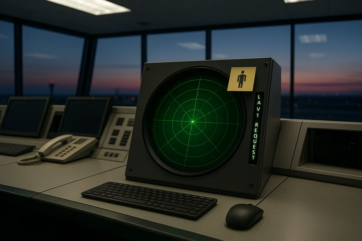 a realistic ATC tower console at dusk, one radar scope in view, a small sticky note with a toilet symbol on the bezel, a sidebar label “LAV-1 REQUEST,” neutral white, bright interior light, minimal desk clutter, photorealistic, no blue or red tint.
