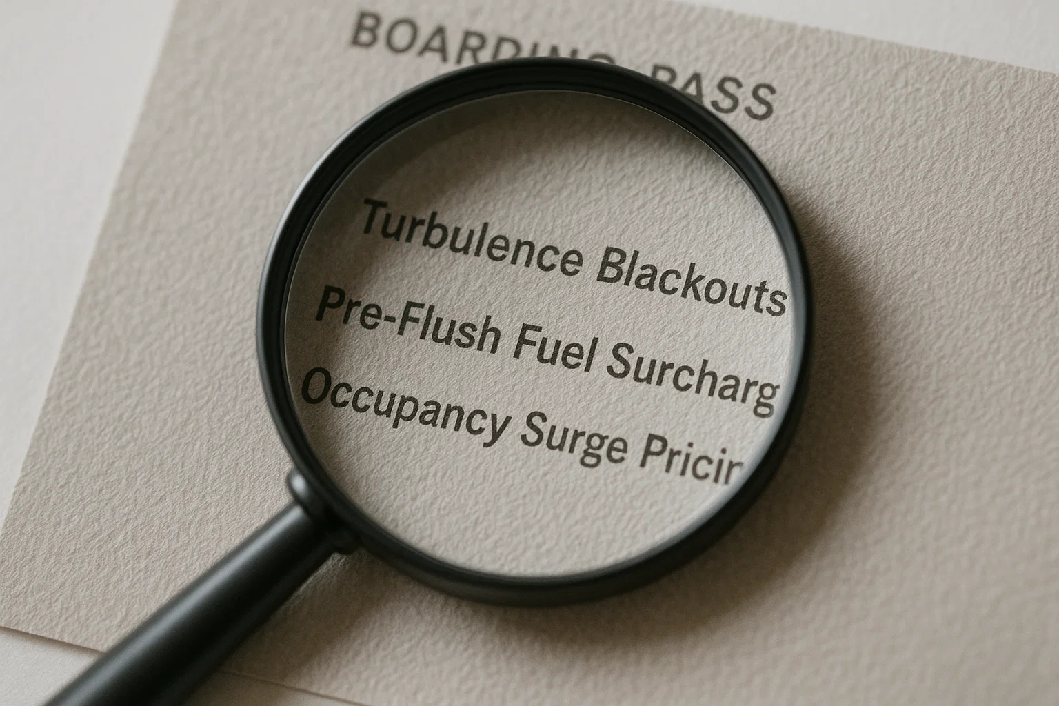 a realistic macro view of a boarding pass back side under a magnifying glass, three phrases visible: “Turbulence Blackouts,” “Pre-Flush Fuel Surcharge,” “Occupancy Surge Pricing,” neutral white, bright light, crisp paper detail, photorealistic, no blue or red tint.