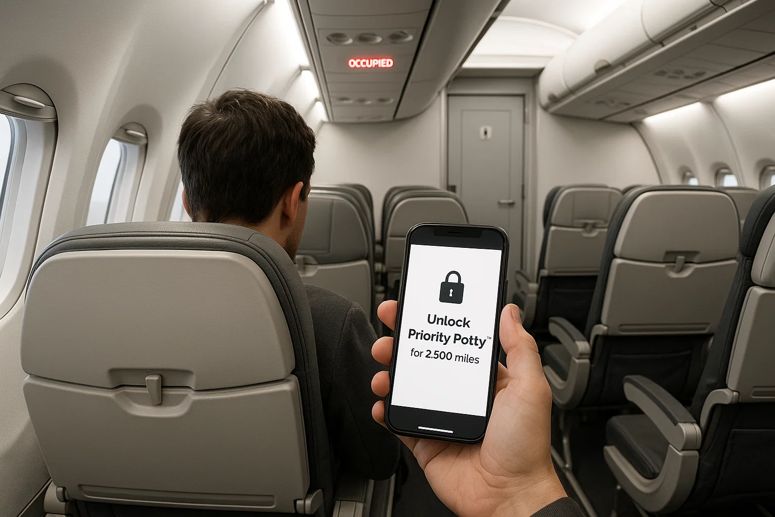 a realistic mid-cabin aisle view with one “Occupied” light above the lav and a small paywall icon on a phone in a passenger’s hand that reads “Unlock Priority Potty™ for 2,500 miles,” neutral white, bright cabin light, minimal scene with one clear subject, photorealistic, no blue or red tint.