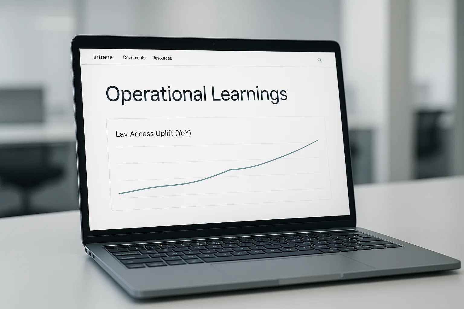 a realistic corporate intranet page on a laptop that reads “Operational Learnings,” one chart labeled “Lav Access Uplift (YoY),” neutral white, bright office light, minimal UI elements, photorealistic, no blue or red tint.