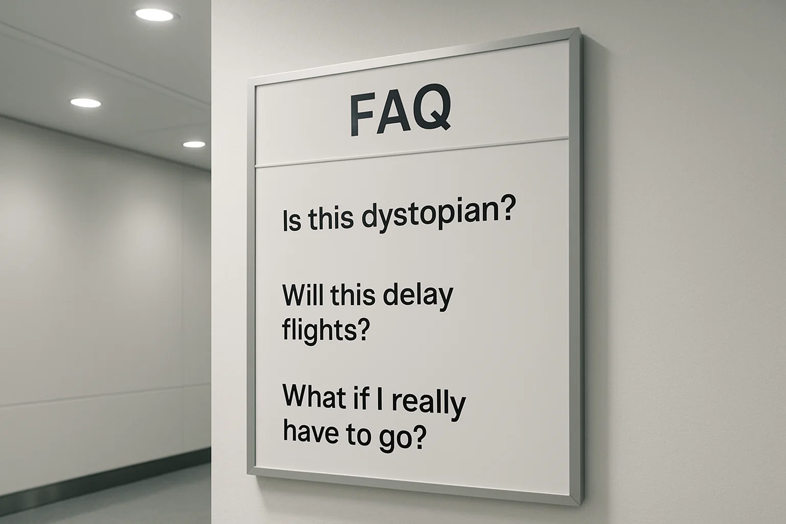 a realistic wall-mounted FAQ board with three short questions in clean typography, “Is this dystopian?”, “Will this delay flights?”, “What if I really have to go?”, neutral white, bright lobby light, tight crop, photorealistic, no blue or red tint.