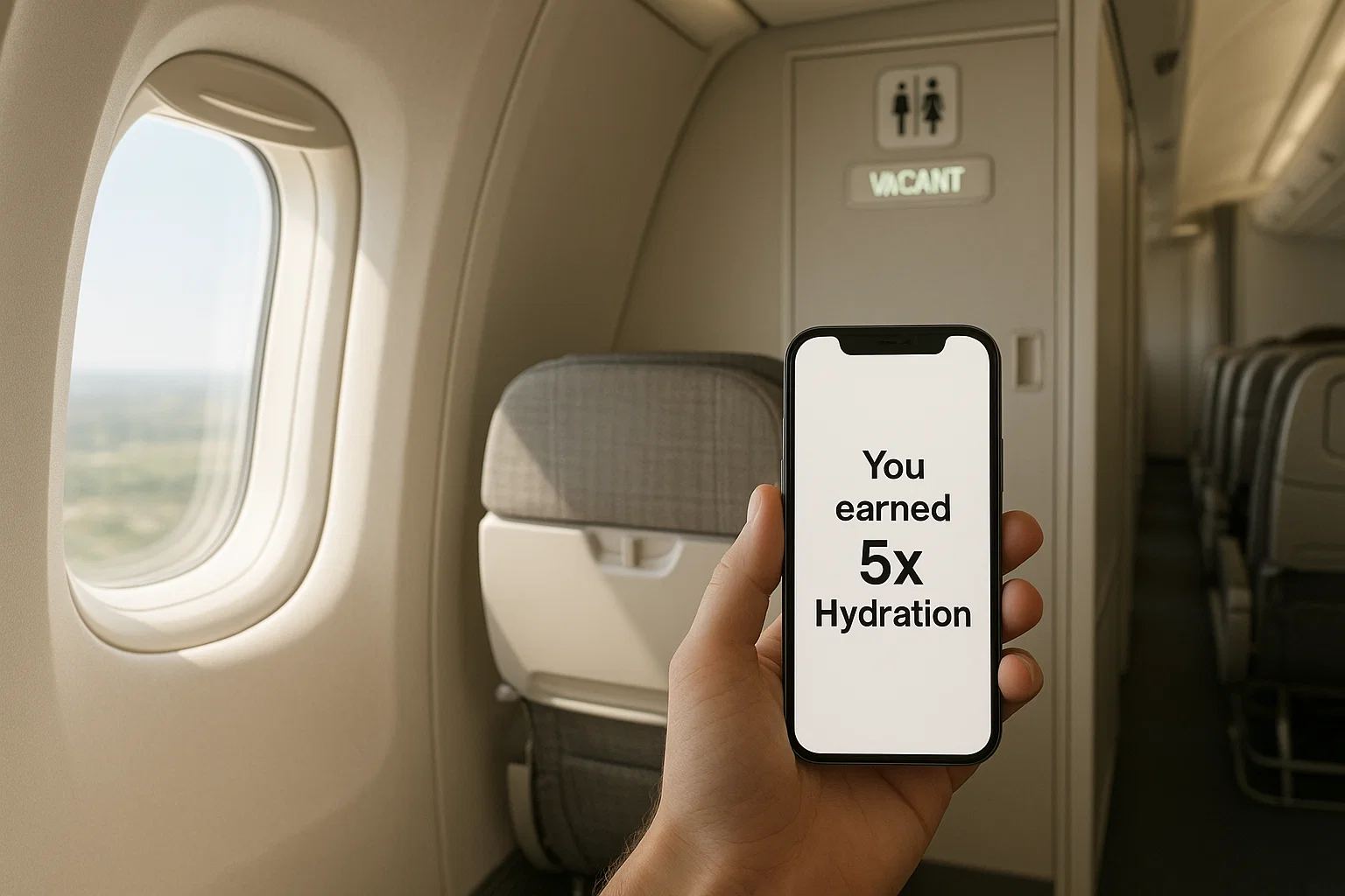 a realistic final-approach scene framed from inside the cabin, one “Occupied” light flips to “Vacant,” a phone screen shows “You earned 5x Hydration,” neutral white, bright natural light through the window, simple composition, photorealistic, no blue or red tint.