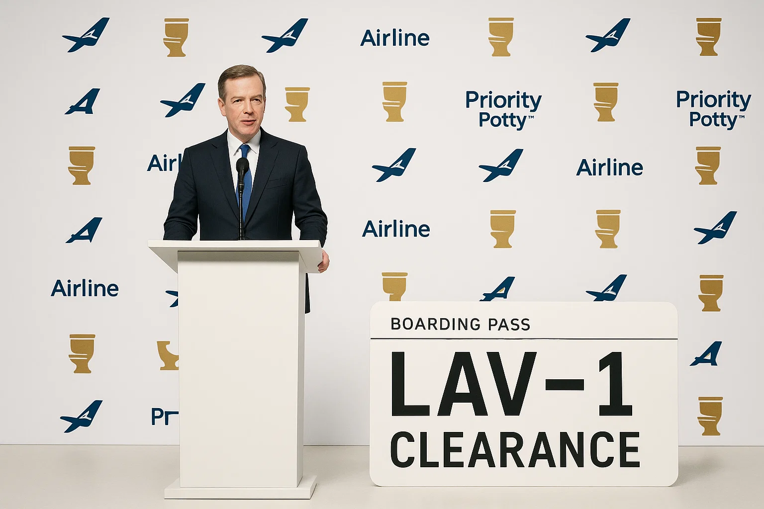 A photorealistic scene of a brightly lit airline press conference, set on a pristine, neutral white stage. At the center stands a modern podium, where the airline CEO—in formal business attire—addresses the audience through a microphone. Behind them, an expansive backdrop displays a repeating pattern of the airline logo alongside the Priority Potty™ golden toilet icon, establishing both brands in a whimsical yet professional manner. Prominently beside the podium is an oversized boarding pass with bold lettering that reads “LAV-1 CLEARANCE.” The frame is uncluttered, with smooth flooring and minimal furnishings, directing all attention to the podium, boarding pass, and branded backdrop. Every detail is captured with crisp, lifelike realism, free of blue or red tints. No text in frame except for the logos and the boarding pass.