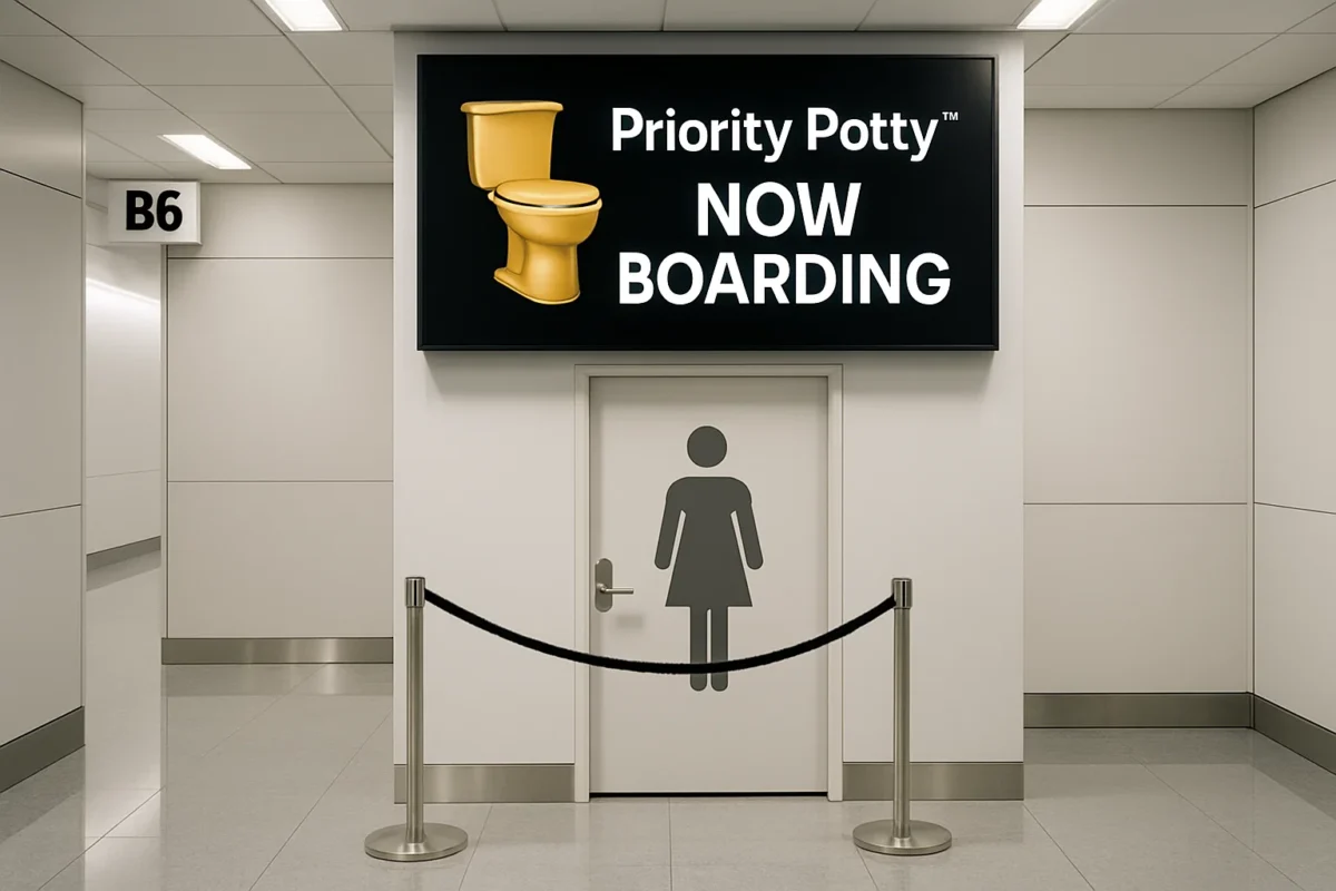 A photorealistic, visually simple airport gate area, illuminated by bright, neutral white lighting. The scene focuses on a single, oversized digital monitor prominently displaying the Priority Potty™ golden toilet icon with bold “Now Boarding” text, keeping wording minimal for instant recognition. Below the monitor, a short velvet-rope line leads clearly to a door marked with a large lavatory symbol. The composition is uncluttered and modern, featuring smooth reflective floors and spacious, clean architectural lines that draw the eye immediately to the monitor and lavatory access point. The overall mood is fresh and inviting, making the purpose immediately understandable and eye-catching for audiences. No blue or red tints, and no extra text in frame except the main signage.