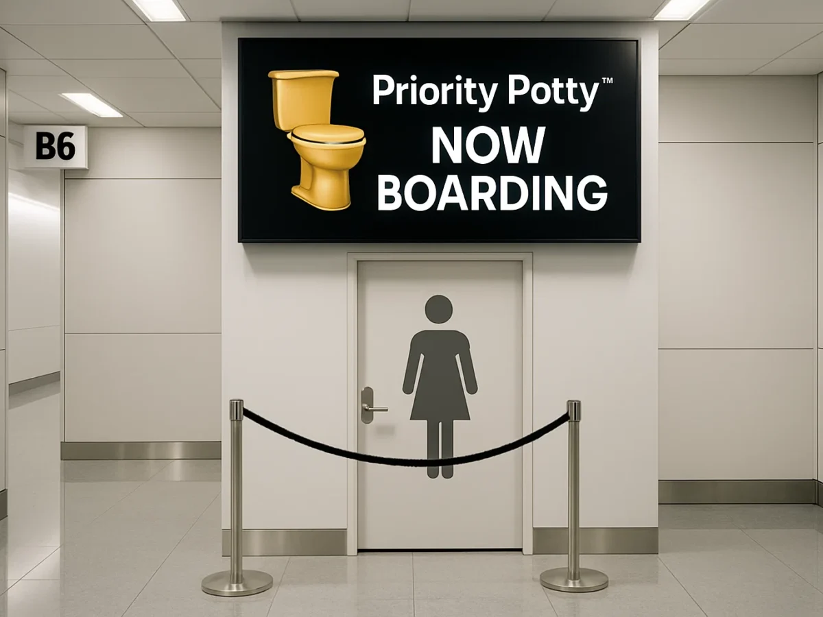 A photorealistic, visually simple airport gate area, illuminated by bright, neutral white lighting. The scene focuses on a single, oversized digital monitor prominently displaying the Priority Potty™ golden toilet icon with bold “Now Boarding” text, keeping wording minimal for instant recognition. Below the monitor, a short velvet-rope line leads clearly to a door marked with a large lavatory symbol. The composition is uncluttered and modern, featuring smooth reflective floors and spacious, clean architectural lines that draw the eye immediately to the monitor and lavatory access point. The overall mood is fresh and inviting, making the purpose immediately understandable and eye-catching for audiences. No blue or red tints, and no extra text in frame except the main signage.