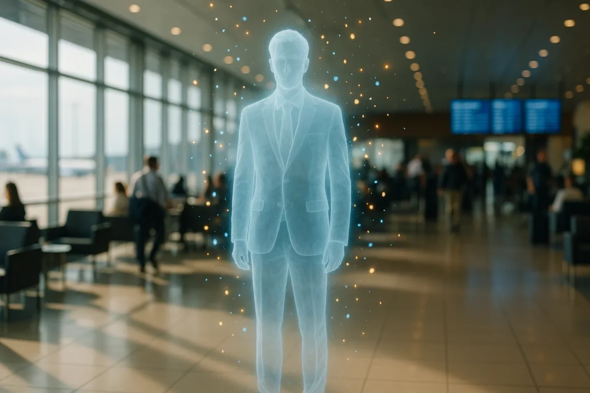 A realistic high-resolution photograph of a translucent, ethereal figure in a suit standing in a brightly lit airport lounge, with glowing digital airline points floating around like fireflies, captured in a surreal yet photorealistic style with vibrant lighting and depth of field, shot with a Canon EOS 5D Mark IV, 50mm prime lens, ISO 100, f/2.8 aperture, shutter speed 1/200s.