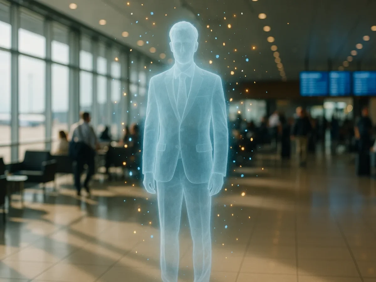 A realistic high-resolution photograph of a translucent, ethereal figure in a suit standing in a brightly lit airport lounge, with glowing digital airline points floating around like fireflies, captured in a surreal yet photorealistic style with vibrant lighting and depth of field, shot with a Canon EOS 5D Mark IV, 50mm prime lens, ISO 100, f/2.8 aperture, shutter speed 1/200s.
