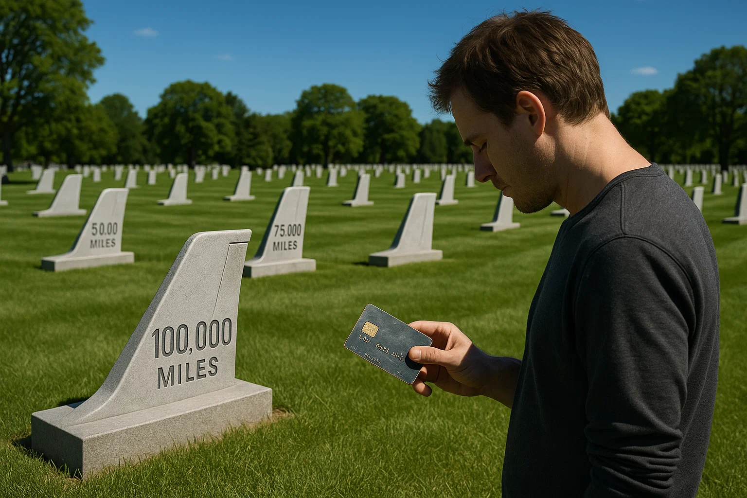 A realistic midday photograph of a serene cemetery with headstones resembling airplane tail fins, engraved with numerical mile balances, and a lone figure in the foreground holding an old credit card, shot with bright natural lighting and high detail, captured using a Nikon D850, 24-70mm zoom lens, ISO 200, f/8 aperture, shutter speed 1/125s.