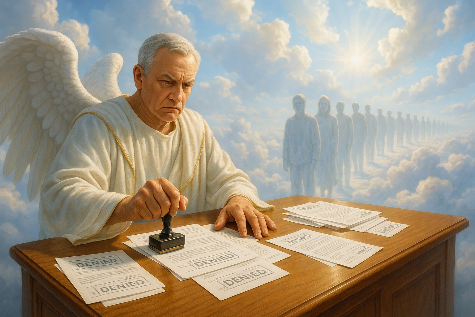 A realistic photorealistic image of a stern bureaucrat in angelic robes sitting at a wooden desk in a bright cloudy sky setting, stamping denial forms with airline stamps, while spectral figures wait in a queue, captured with vibrant lighting and realistic textures, shot with a Sony A7R IV, 35mm lens, ISO 100, f/4 aperture, shutter speed 1/250s.