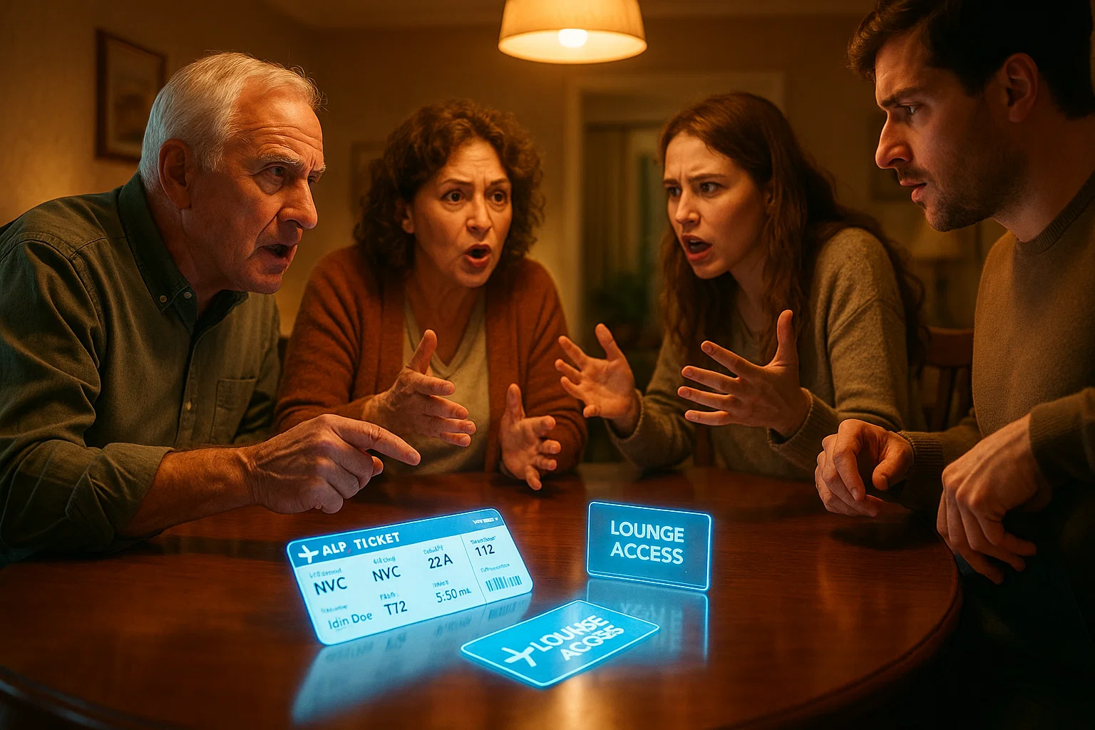 A realistic family gathering around a dining table in a warmly lit home with bright overhead lighting, arguing over projected holographic airline tickets and lounge access cards on the table, with one person discreetly pocketing a card, photographed in high detail with natural expressions, shot with a Fujifilm GFX 100S, 63mm lens, ISO 160, f/5.6 aperture, shutter speed 1/60s.