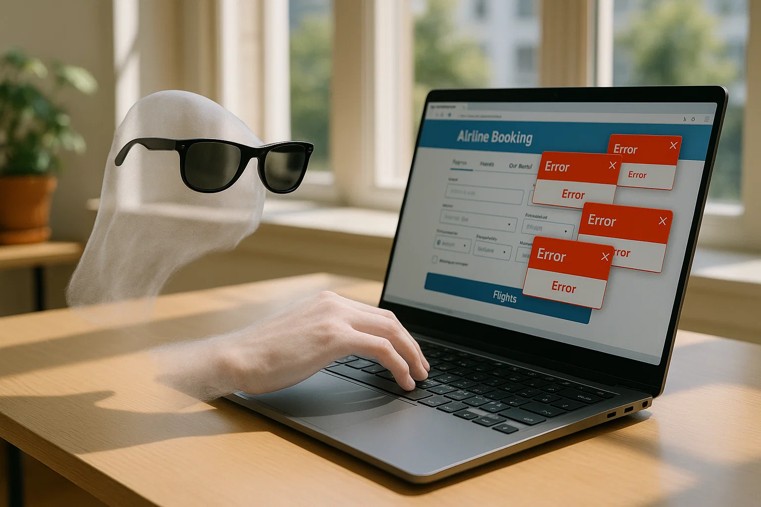A realistic scene of a brightly lit room during daytime, with a laptop screen displaying an airline booking site, a faint ghostly hand typing on the keyboard wearing sunglasses, and error pop-ups on screen, captured with vibrant lighting and sharp focus, shot with a Panasonic Lumix S1R, 50mm lens, ISO 100, f/2.8 aperture, shutter speed 1/100s.