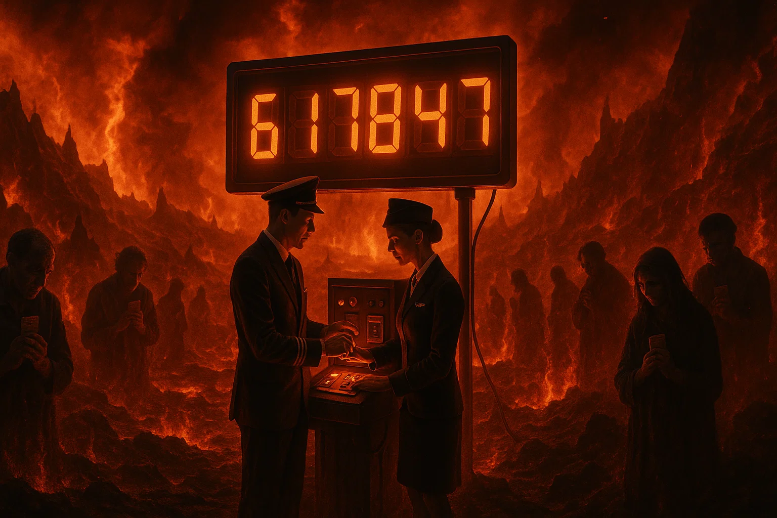 A realistic depiction of a hellish landscape with bright fiery illumination, suited figures in airline uniforms adjusting a massive digital scoreboard showing inflating point values, while shadowy souls clutch loyalty cards, photographed with vibrant tones and high contrast, shot with a Hasselblad X1D II 50C, 45mm lens, ISO 100, f/11 aperture, shutter speed 1/500s.
