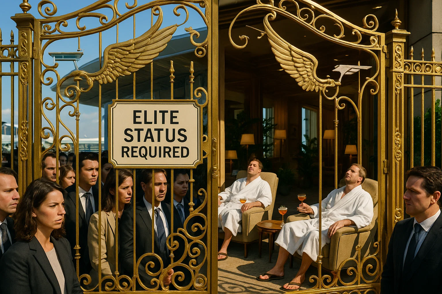 A realistic image of ornate golden gates resembling an airport entrance under bright sunlight, leading to a luxurious lounge with robed figures enjoying drinks, a sign reading 'Elite Status Required' barring a crowd outside, captured with vibrant lighting and intricate details, shot with a Leica SL2-S, 35mm lens, ISO 50, f/16 aperture, shutter speed 1/320s.