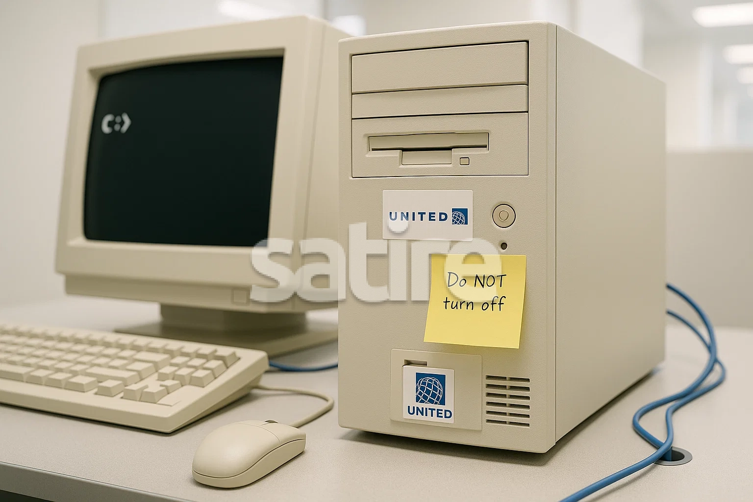 A realistic, brightly lit beige desktop computer tower with a floppy disk partially inserted, plain background