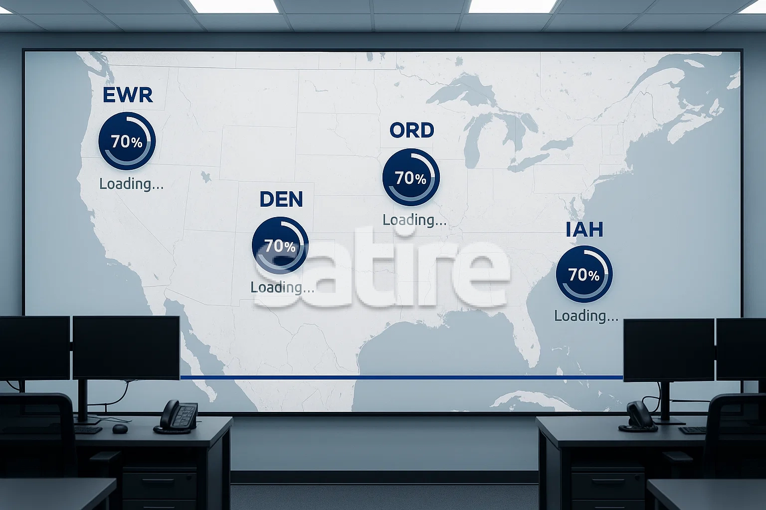 A realistic, brightly lit U.S. map with five hub cities marked, each with a simple loading icon