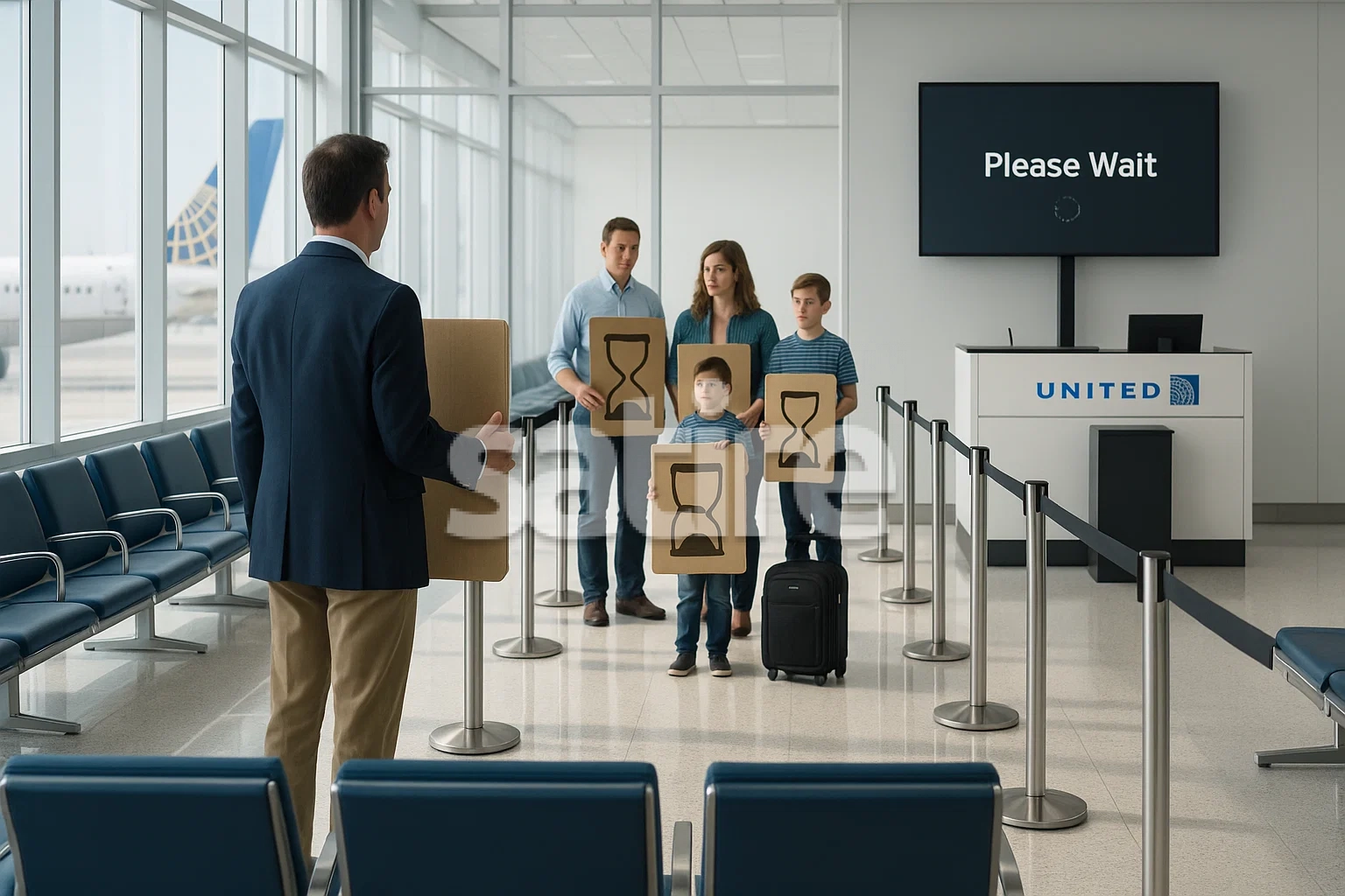 A realistic, brightly lit United Airlines gate sign frozen on 'Please Wait', no people
