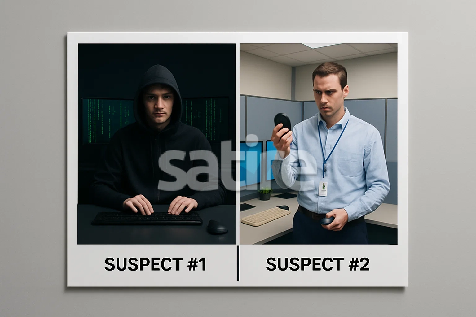A realistic, brightly lit split image: left shows a clean hacker icon, right shows a computer mouse held upside down