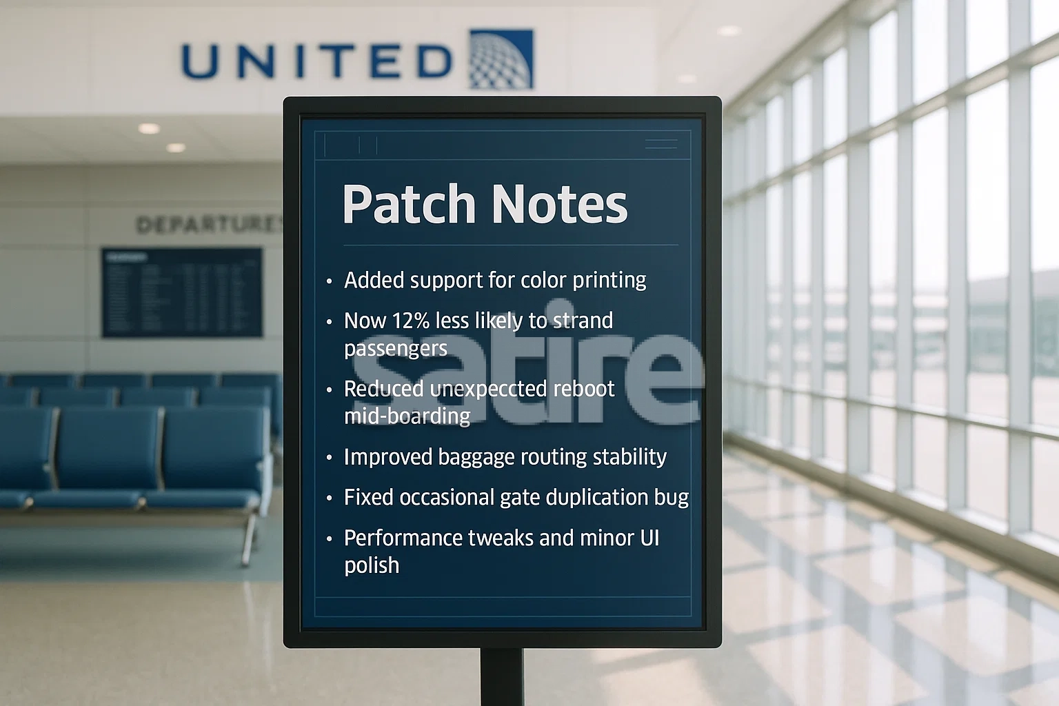 A realistic, brightly lit United Airlines departure board with a satirical 'Patch Notes' list