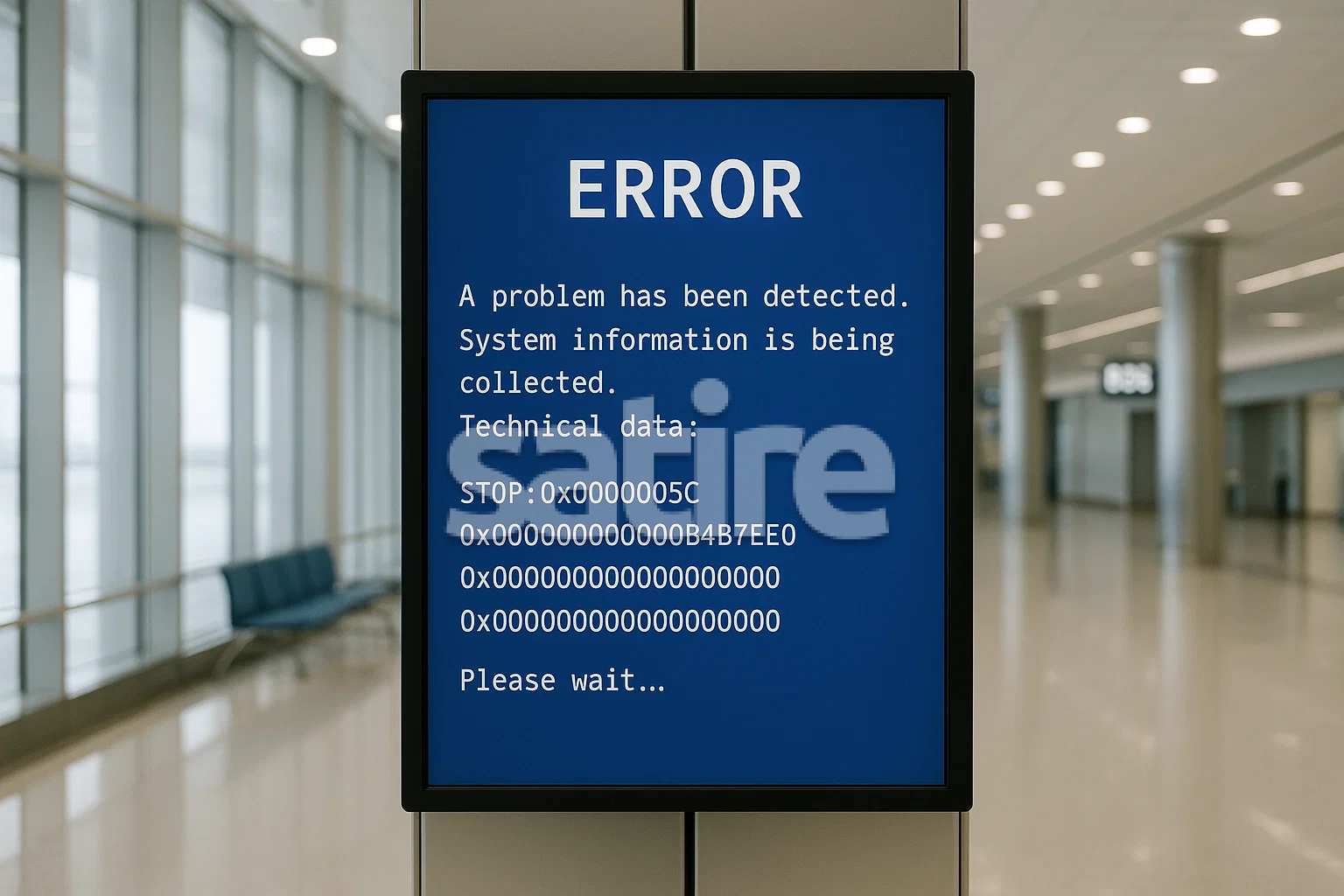 A realistic, brightly lit airport departure board showing only a blue error screen with white text