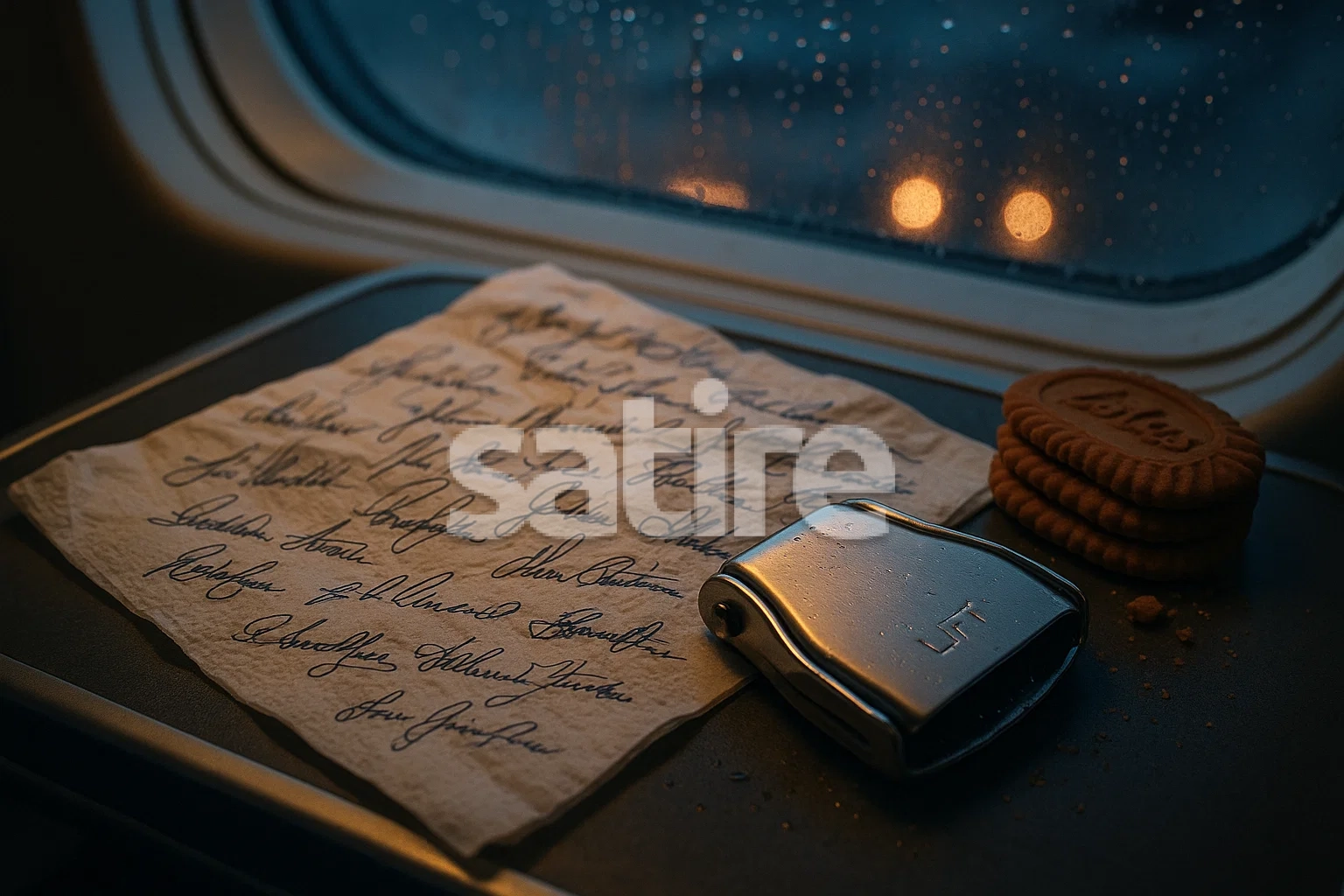 a realistic close-up of a cocktail napkin “constitution” with doodled signatures, seat-belt buckle as a ceremonial seal, cabin window streaked with rain, photorealistic macro