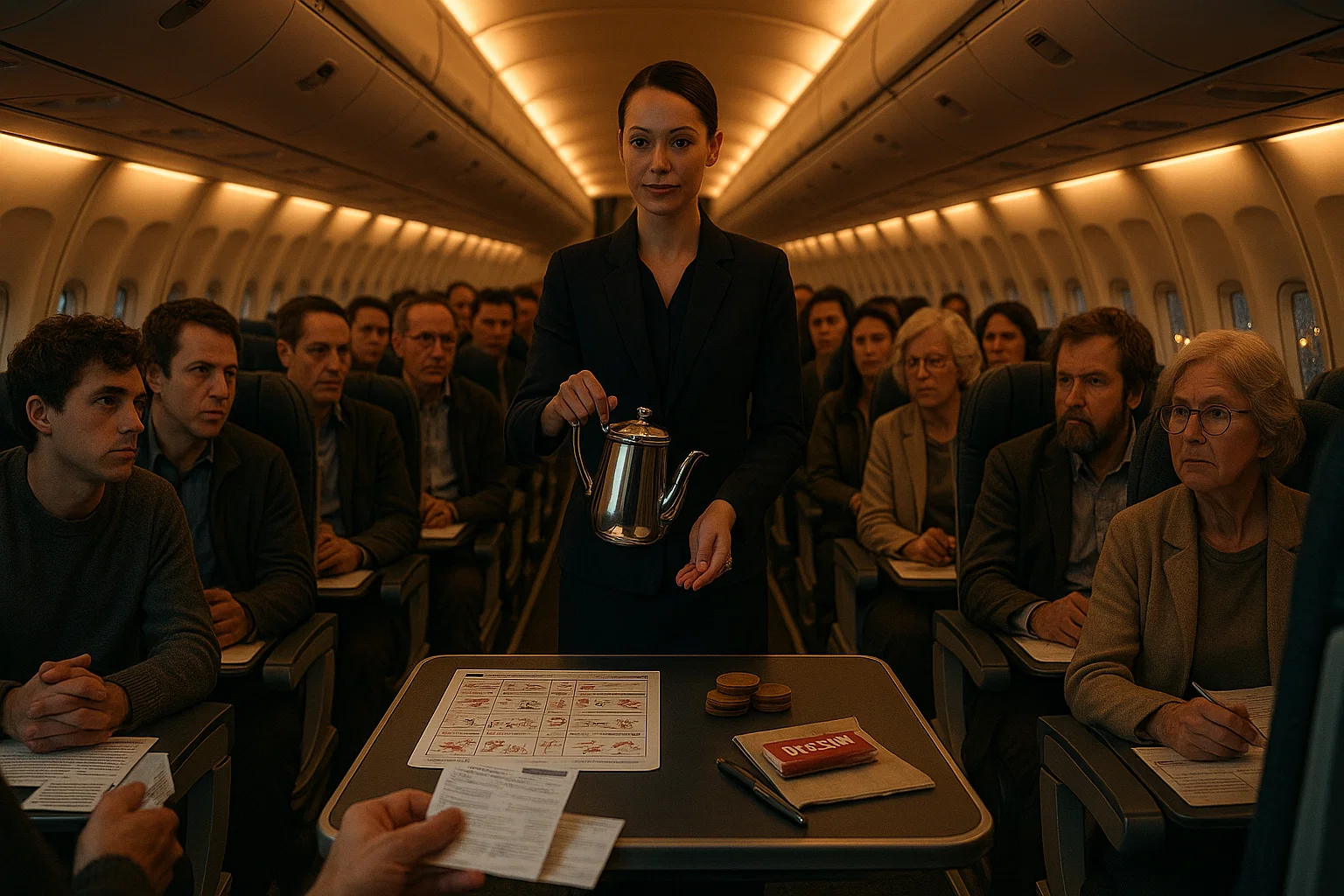 a realistic aisle “parliament”: passengers seated like lawmakers, a flight attendant gaveling with a metal coffee pot, laminated safety card as constitution appendix, photorealistic
